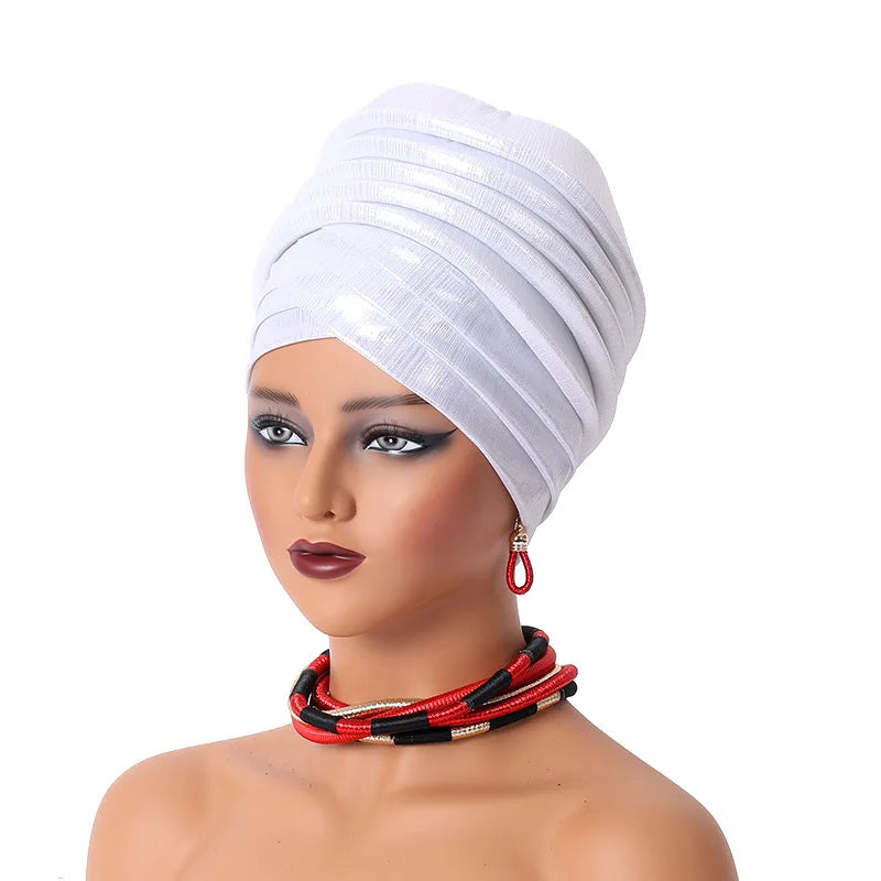 African Women's Auto Gele Headtie Nigeria Lady Pleated Head Wraps Muslim Headscarf Bonnet Turbante Mujer