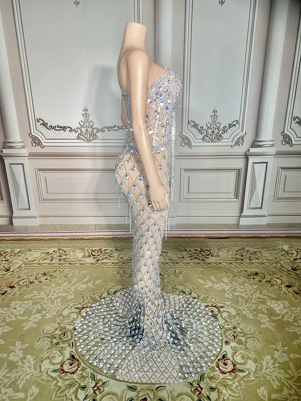 Charming Bright Crystal Dress Sexy Luxury Beaded Rhinestone Tulle Evening Dress Prom Party Dress Noble Wedding Wedding Dress