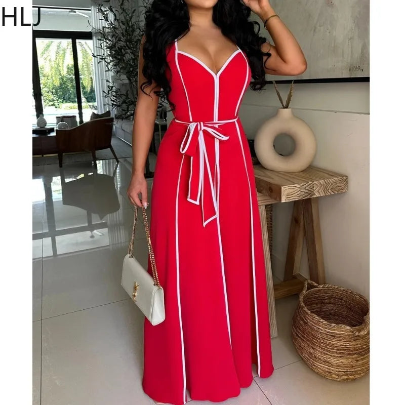 HLJ Elegant Stripe Patchwork Jumpsuits Women Halter Sleeveless Bow Belted Wide Legs Rompers Female Night Clubwear Overalls New