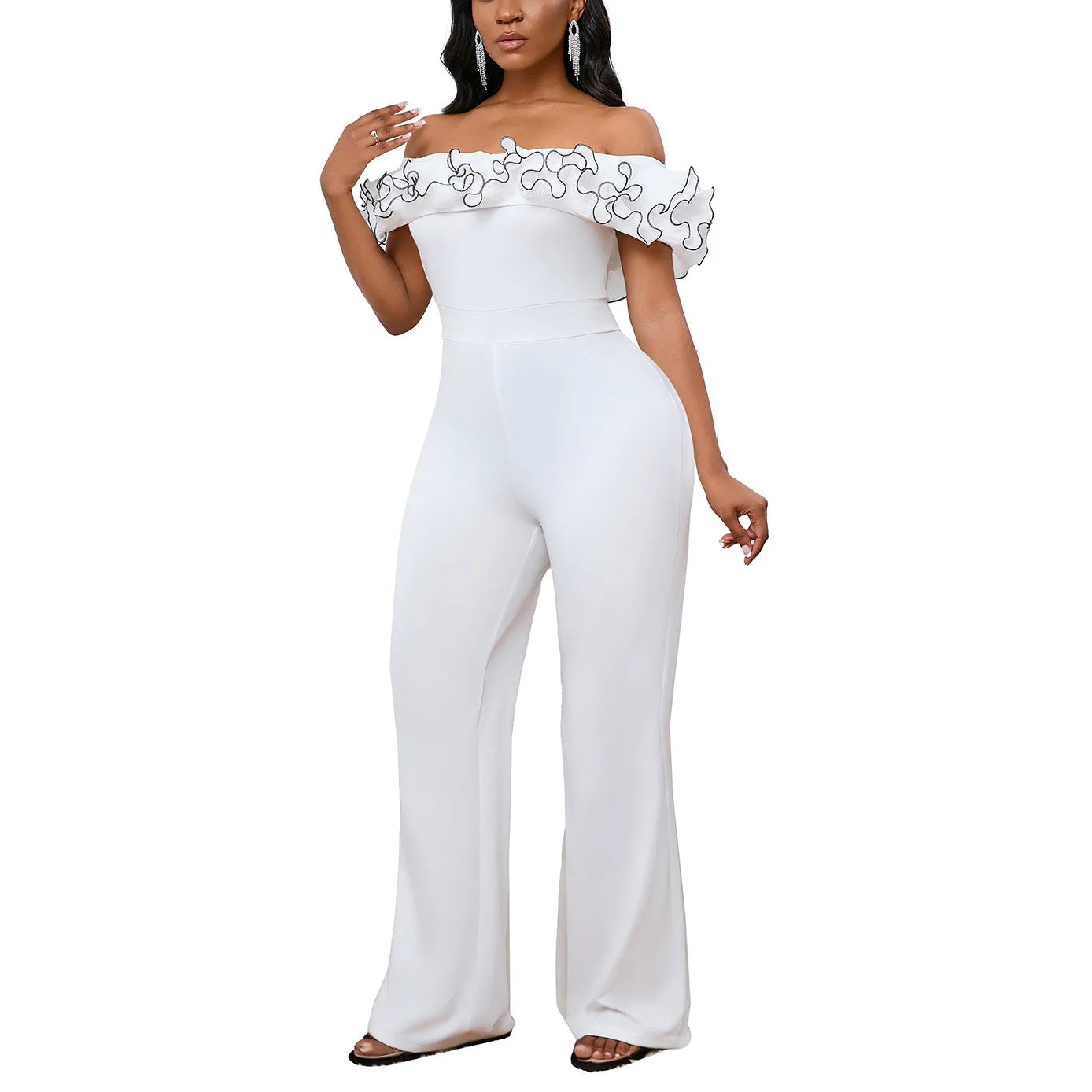 Luxury Jumpsuits & Rompers for Woman Off the Shoulder Ruffles Short Sleeve High Waisted Solid New Year 2025 Christmas Overalls