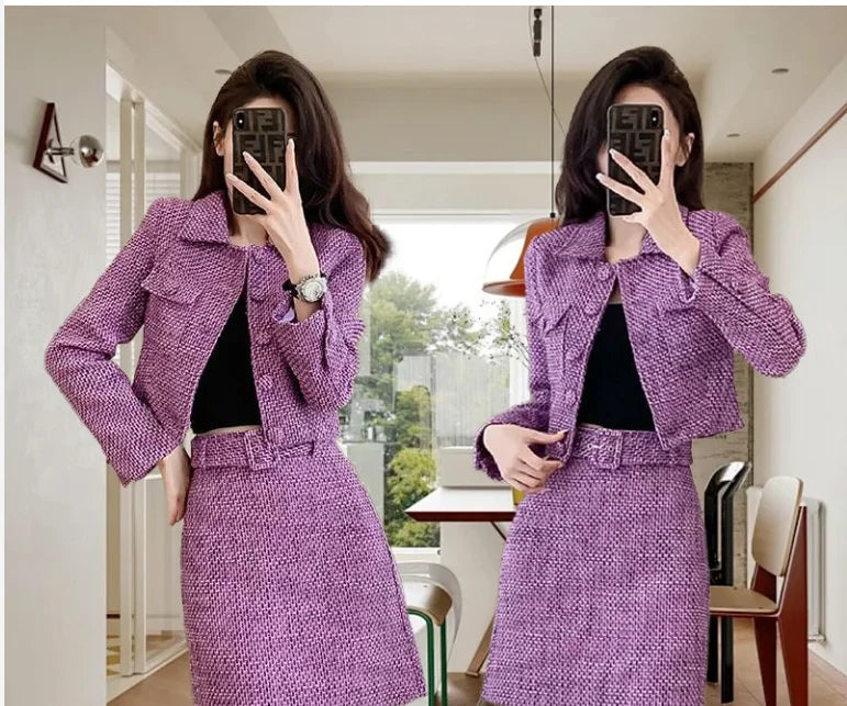 New Luxury High End Tweed Women's Two Pieces Set Elegant Lapel Double Breasted Slim Short Coat + Mini Skirt Fashion Suit
