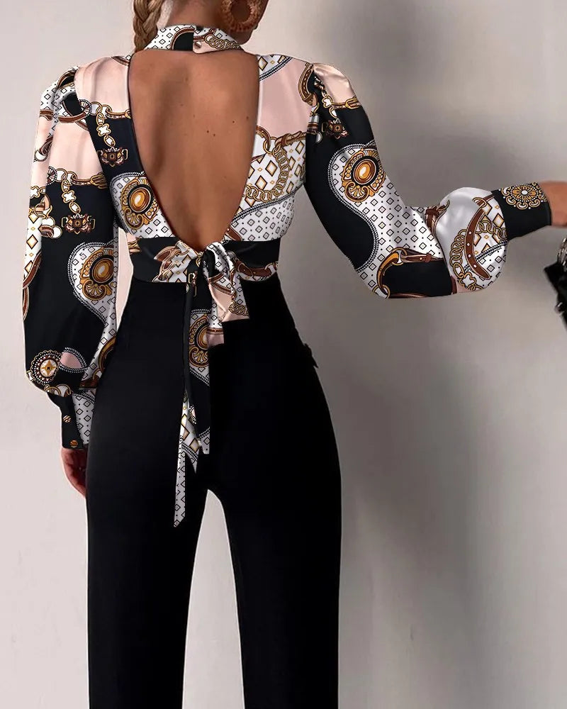 Spring Women Sexy Backless Hollow Print Shirts Tops 2024 Casual Stand Long Sleeve Office Lady Blouses Fashion Party Crop Top