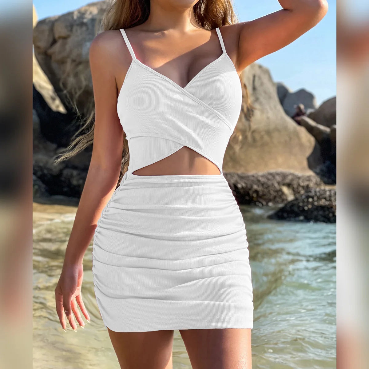 Women Sexy Cutout Bodycon Dress Euro Style Cross Back Straps Hollow Out Nightclub Party Evening Outfit Slim Fit Stretchy Dress