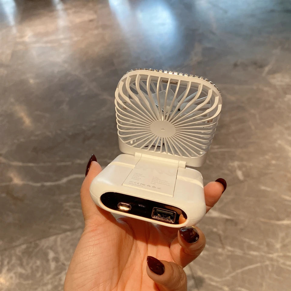USB Folding Portable Mini Charging Small Fan Rhinestones Handheld Desktop Stand for Student Office Universal Cooling Ventilador