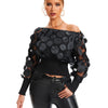 Applique Slant Shoulder Blouse, Elegant Long Sleeve Blouse For Spring & Fall  Women's Clothing