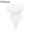 Willshela Women Fashion Ribbed Bodysuit With Organza Ruffle Vintage High Elastic Sexy y2k Female Chic Lady Tops body femme