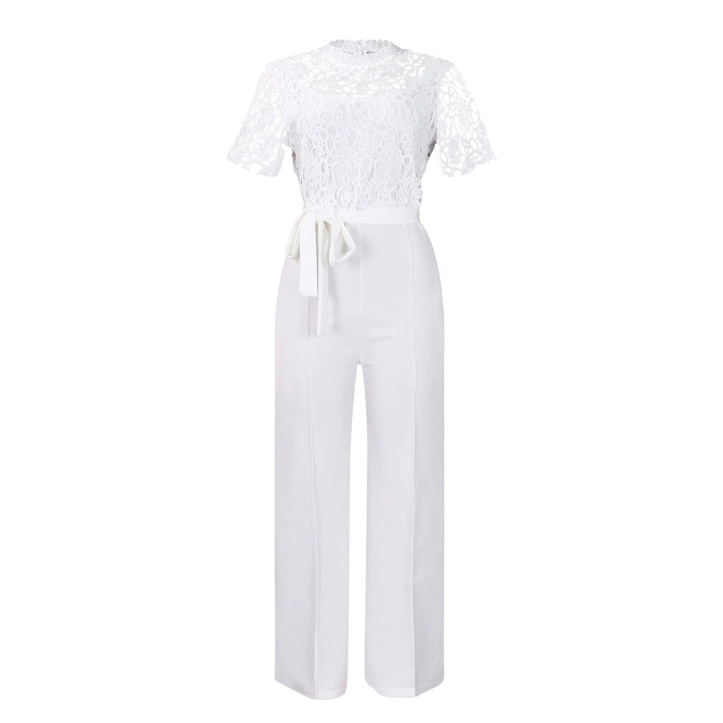 Elegant Jumpsuits & Rompers for Women O Neck Lace Patchwork Short Sleeve Sashes High Waisted Luxury Birthday Party Dinner Outfit