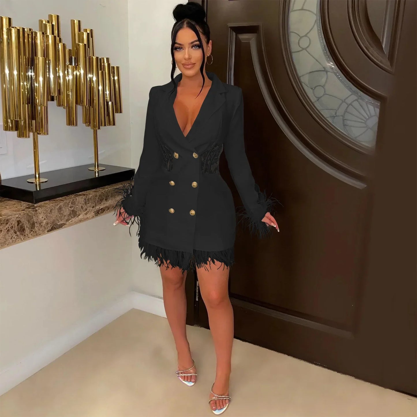 FANAN Elegant Women Double Breasted Tassel Hem and Long Sleeve Notched Collar Lace Waist Patchwork Blazer Dress Vestidos 2022