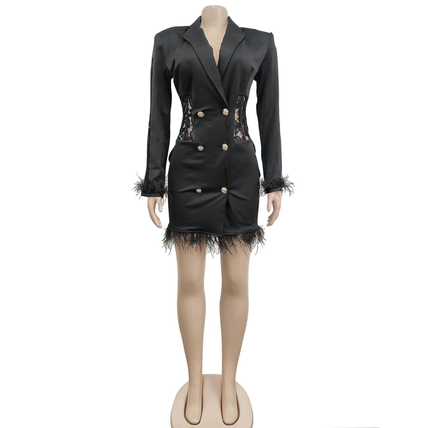FANAN Elegant Women Double Breasted Tassel Hem and Long Sleeve Notched Collar Lace Waist Patchwork Blazer Dress Vestidos 2022