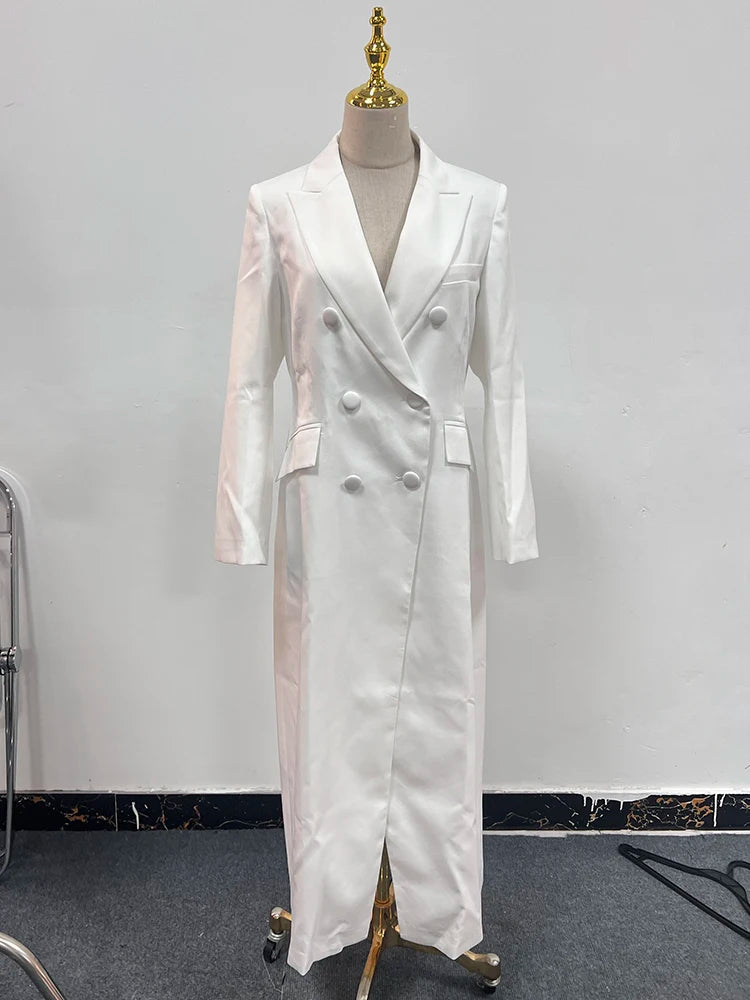 TWOTWINSTYLE Solid Slimming Long Blazer For Women Notched Collar Long Sleeve Tunic Patchwork Double Breasted Blazers Female New