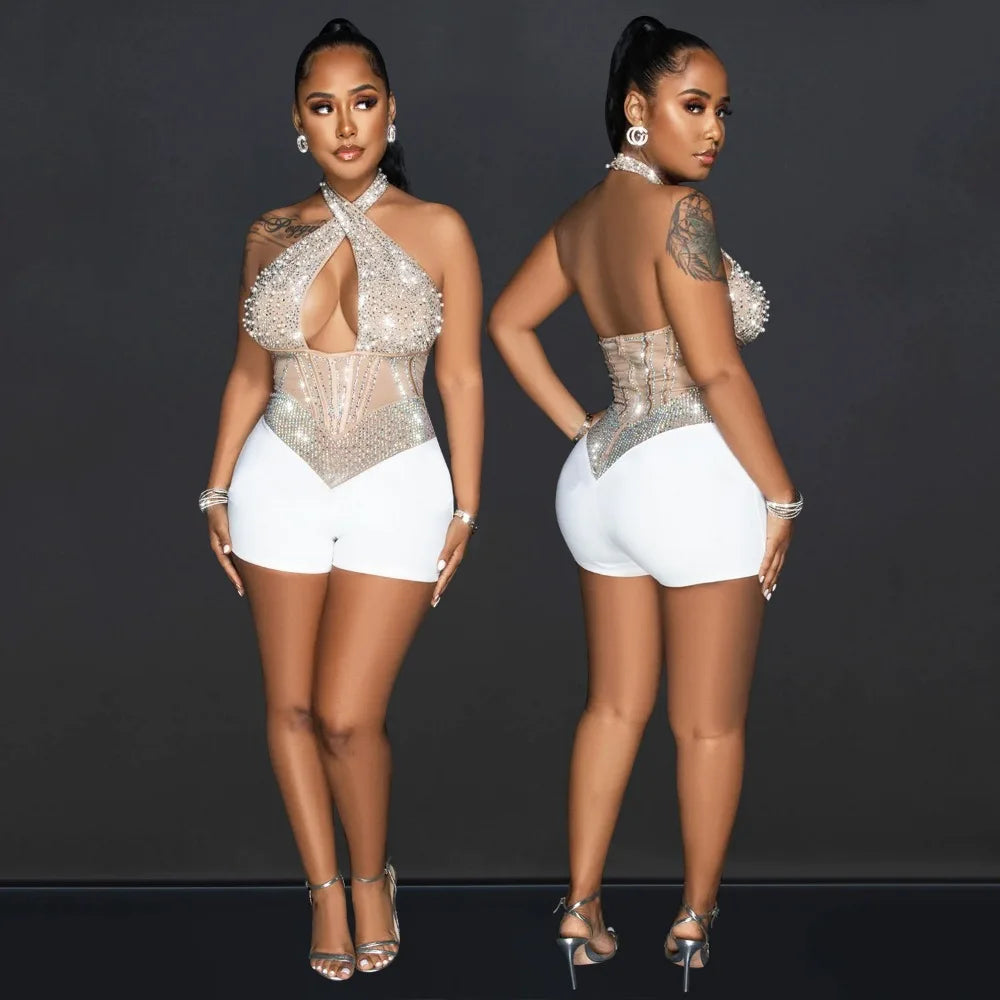 HLJ Gold Woman Evening Party Outfits Rhinestone Crystal Luxury Jumpsuits Women Corset Patchwork Bodycon Rompers Elegant Sexy