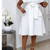 Dress Women Mid Length Dresses A Line Vestidos Slim Fit V Neck Short Sleeve Tight Waist Elegant Splice Lace Up Bow Summer