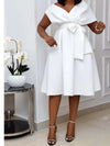 Dress Women Mid Length Dresses A Line Vestidos Slim Fit V Neck Short Sleeve Tight Waist Elegant Splice Lace Up Bow Summer