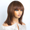 Lekker 12" Short Brown Wolf Cut Straight Bob Human Hair Wigs With Bangs For Women Brazilian Remy Hair Ready to Wear Glueless Wig