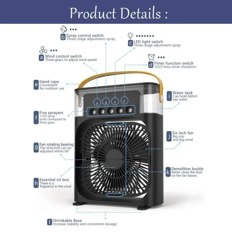 Ar condicionado portátil com luzes noturnas LED, 3 em 1 ventilador, pequeno refrigerador de ar, umidificador, casa fãs, Dropship