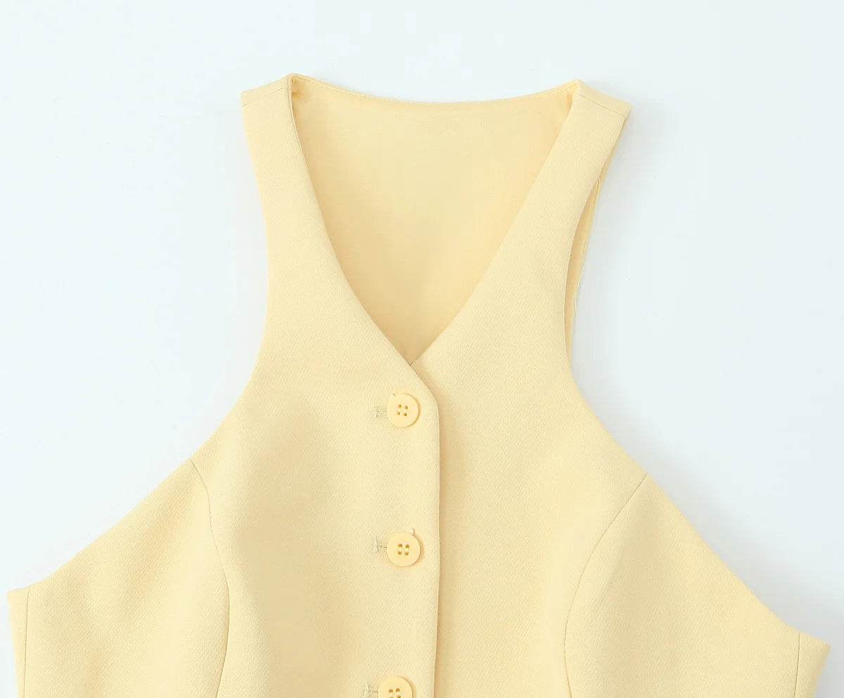 TRAFZA Women Fashion Suit Yellow V-Neck Sleeveless Belt Sngle Breasted Tops+High Waist Pocket Belt Long Skirts Female Summer Set