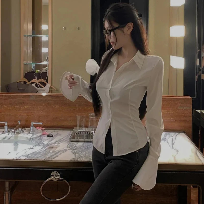 Gidyq Fashion Women Bandage Shirts Korean All Match Streetwear Female Slim Blouse Spring Casual White Bell Sleeve Shirt New