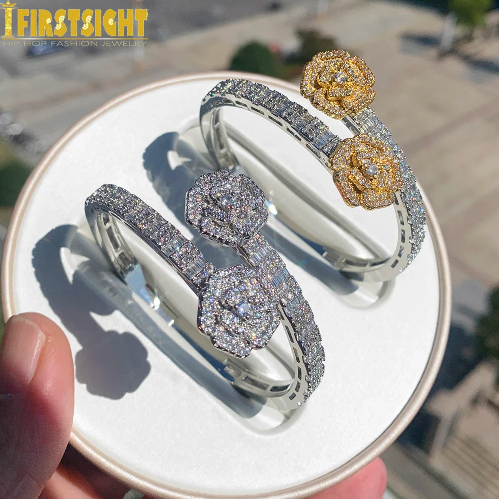 2025 New Iced Out Bling Opened Heart Flower Charm Bracelet AAA CZ Zircon Butterfly Bangle For Men Women Hip Hop Luxury Jewelry