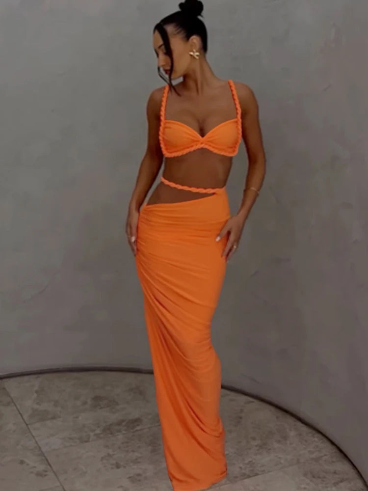 Nibber Sexy Women 2 Piece Set Bandage Ruched Square Collar Bra+Skinny Long Skirts 2025 Summer Vacation Beach Party Trend Suits