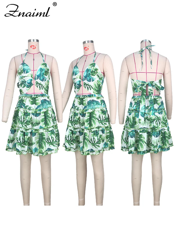 Znaiml Women's Halter Sleeveless V-neck Backless Cut out Ruffles Floral Print Mini Dress A-line Summer Vacation Beach Outfit