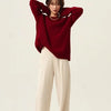 Turtleneck 100% cashmere sweater women loose thickening age reduction niche vintage red crewneck sweater women long sleeves