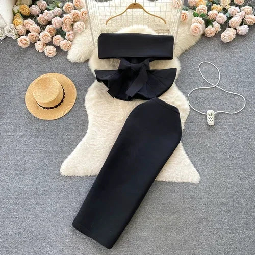 Women Vintage Two Pieces Skirt Sets Women Long Sleeve Sexy Slash Neck Bandage Ruffle Blouse Top and High Waist  Hip Wrap Skirt