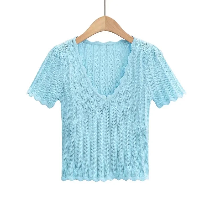 Women V Neck Knitted Crochet Tee With