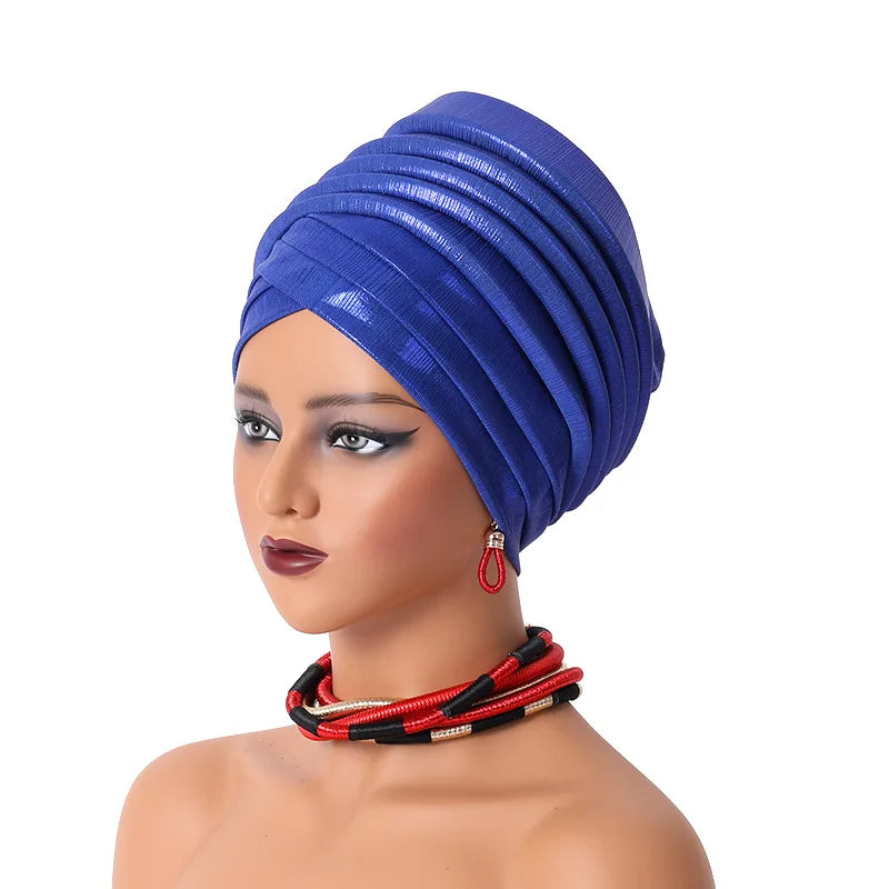 African Women's Auto Gele Headtie Nigeria Lady Pleated Head Wraps Muslim Headscarf Bonnet Turbante Mujer