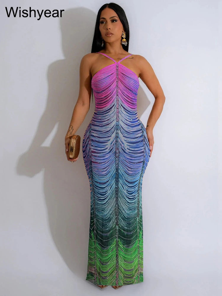 New Gradient Rhinestone Tie Dye Print Halter Mermaid Long Dresses Women Backless Sleeveless Slim Birthday Party Prom Vestidos