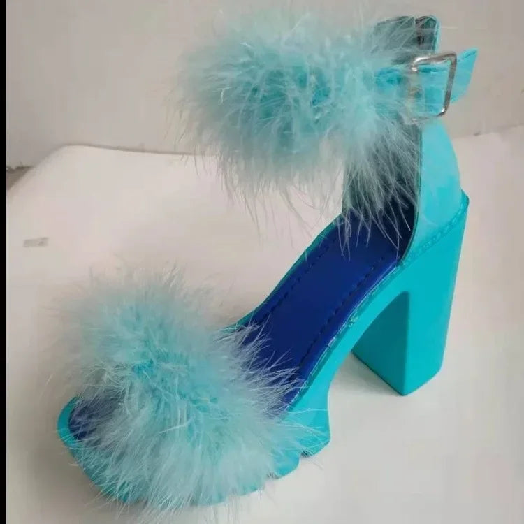 New Women's Summer Sandals Coarse-heeled Fur Rubber Sandals Shoes Women Platform Heels Mary Janes Shoes High Heels Leather Shoes