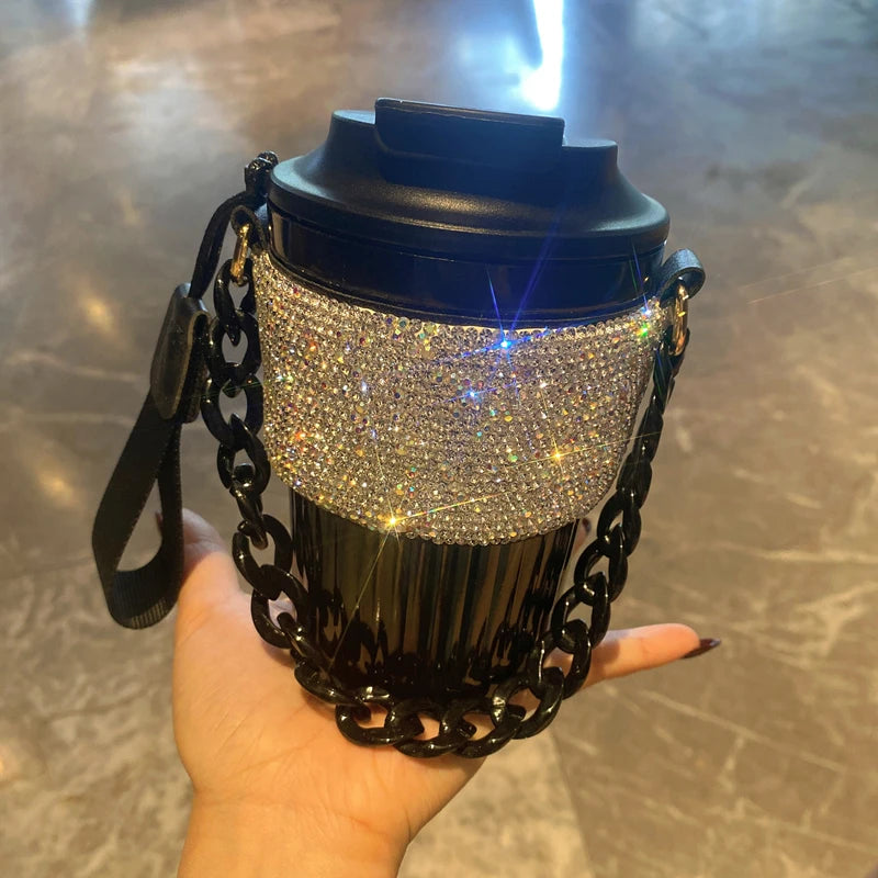 Chain Carry Straight Drink Coffee Cup Rhinestone PC/PP Portable Eco Friendly Non-slip Reusable Mug Outdoor Travel Water Bottle