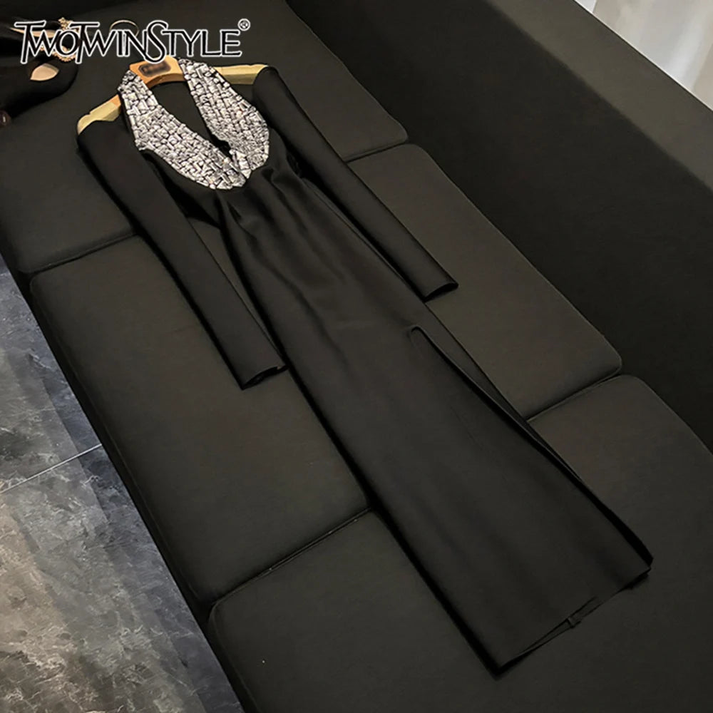 TWOTWINSTYLE Luxury Slimming Solid Dresses For Women V Neck Sleeveless High Waist Elegant Dinner Dress Female Fashion KDR525118