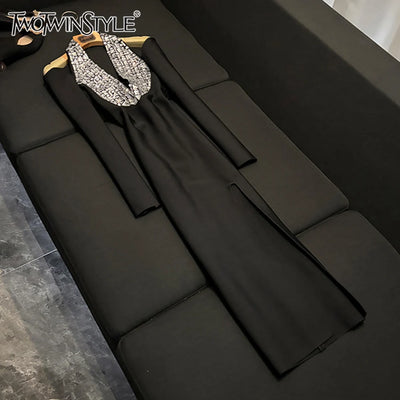 TWOTWINSTYLE Luxury Slimming Solid Dresses For Women V Neck Sleeveless High Waist Elegant Dinner Dress Female Fashion KDR525118