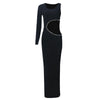 Joskaa Elegant Rhinestone Hollow Maxi Birthday Dress Woman Sexy O-Neck Single Sleeve Skinny Vestidos 2025 Evening Party Clubwear