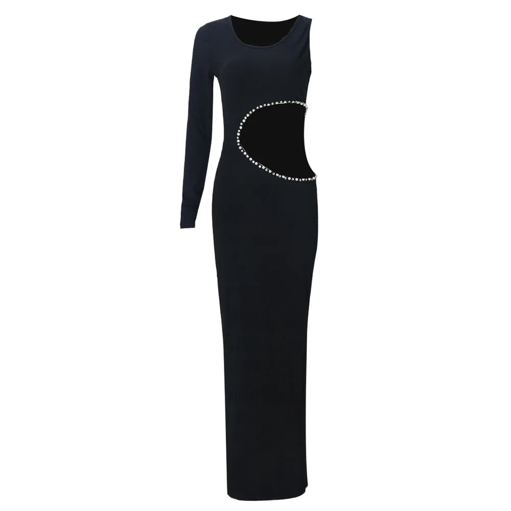 Joskaa Elegant Rhinestone Hollow Maxi Birthday Dress Woman Sexy O-Neck Single Sleeve Skinny Vestidos 2025 Evening Party Clubwear