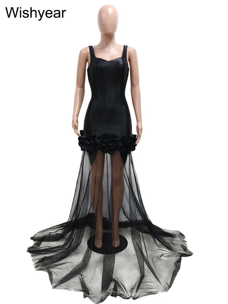New Black Mesh See Though Flower Ruched Luxury Rhinestone Wedding Evening Mermaid Long Dress Women Strap Cocktail Birthday Robe