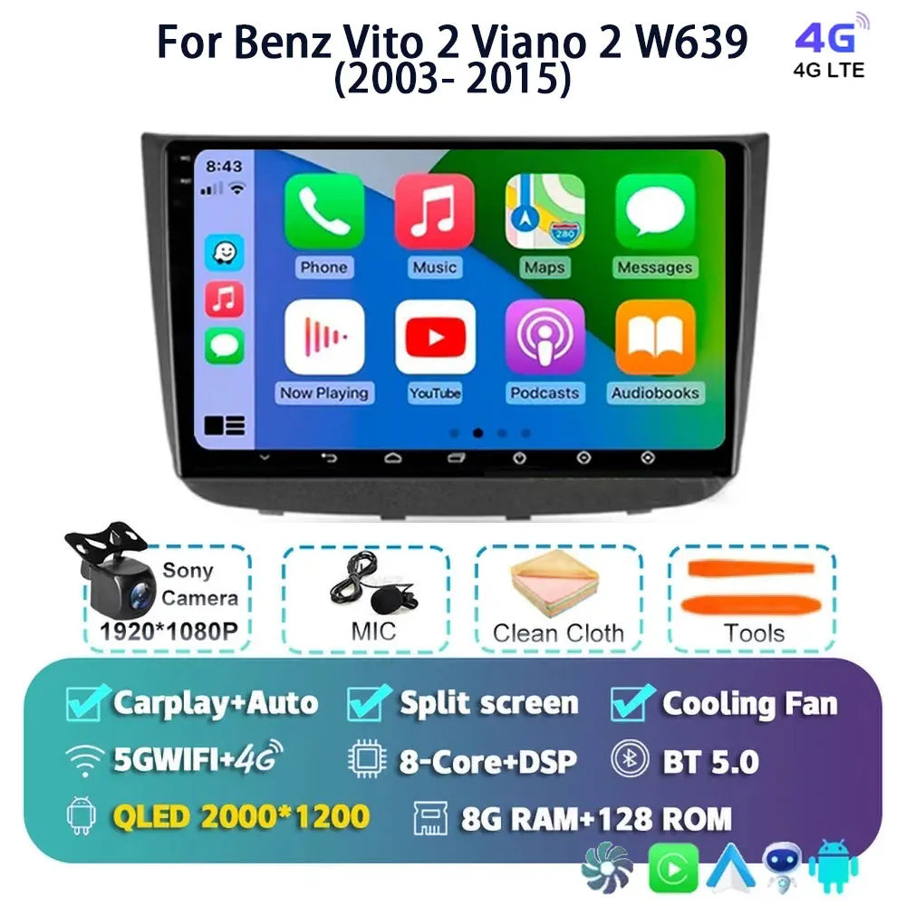 Android 14 For Benz Vito 2 Viano 2 W639 2003- 2015 2K QLED Android Car Radio Multimedia Video Player BT Stereo CarPlay Head Unit