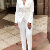 Women Pants Set Two Piece Sets Turn Down Collar White Blazer Elegant Coats Matching Sets Work High Waist Long Pants Suits