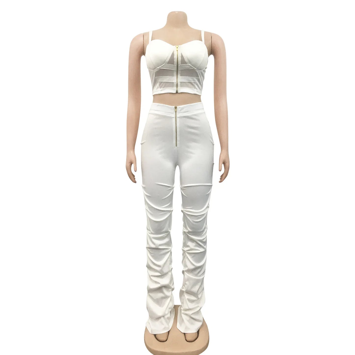 Sexy Solid Color Women's 2-Piece Slim Fit Open Back Zipper Tank Top+High Waist Trouser Set Amazing Bust Wrapping Street Clothing