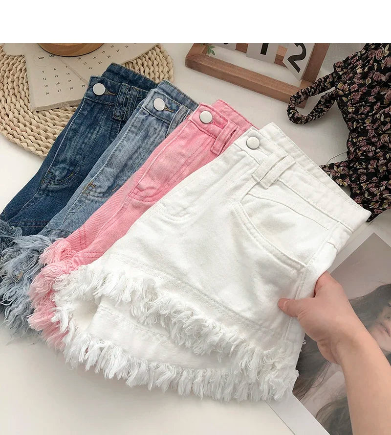 ITOOLIN Women Vintage Tassels Denim Shorts Button Loose High Waist A-line Jean Shorts Casual Women Office Trousers Streetwear