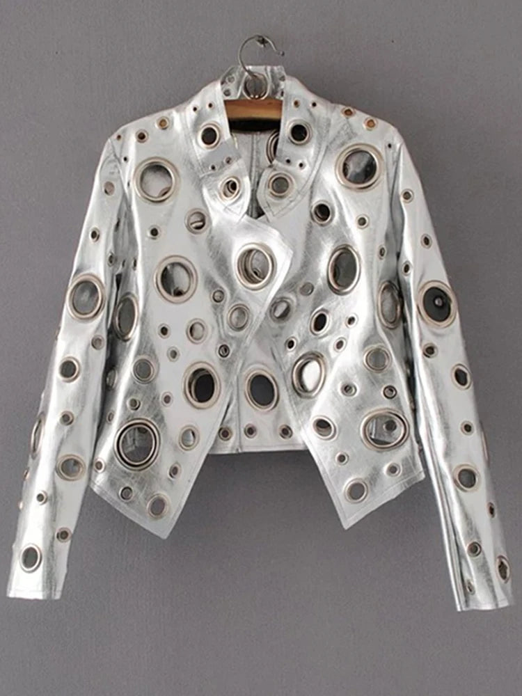 Lautaro Runway Cut Out Short Faux Leather Jacket Golden Rivet Cool Stylish Designer Clothes Women European American Fashion 2022