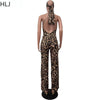HLJ Sexy Leopard Print Bodycon Jumpsuits Women Thin Strap Sleeveless V Neck Wide Leg Pants Playsuit Female Overall With Scarf