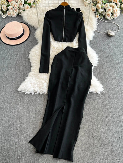 Faionable Diamond Embellied Wrap Skirt Set ort Top Long Dr Slimming High Collar Long Sve Zipper Two Piece Set