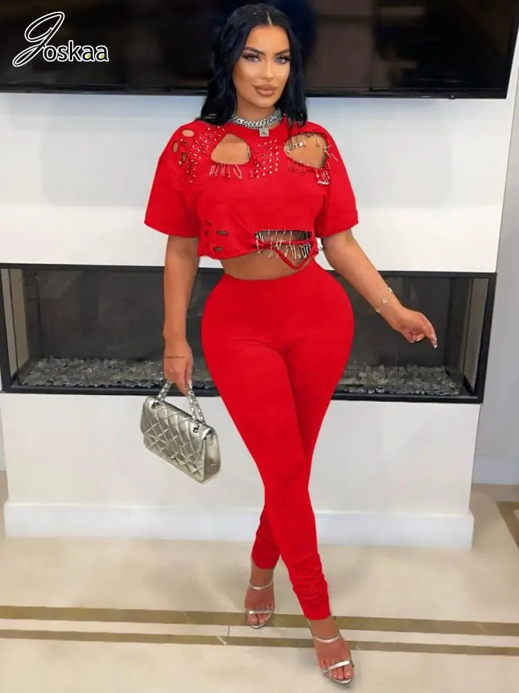 Joskaa Elegant 2 Piece Set Women Sexy Hollow Pin Short Sleeve Crop Tops and Pencil Pants Matching 2025 Summer Party Club Outfits