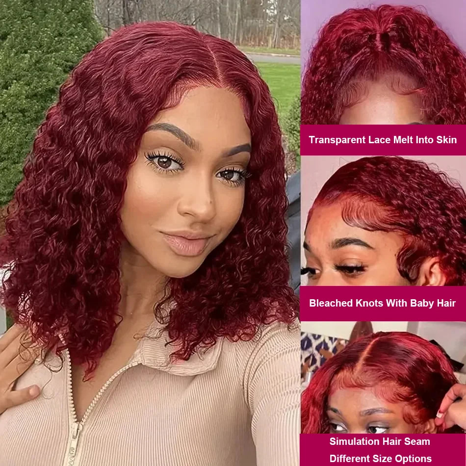 Brazilian Deep Wave 99J Burgundy Lace Front Human Hair Wig 13x4 Deep Curly Short Bob Wigs Human Hair Red Colored Water Wave Wigs