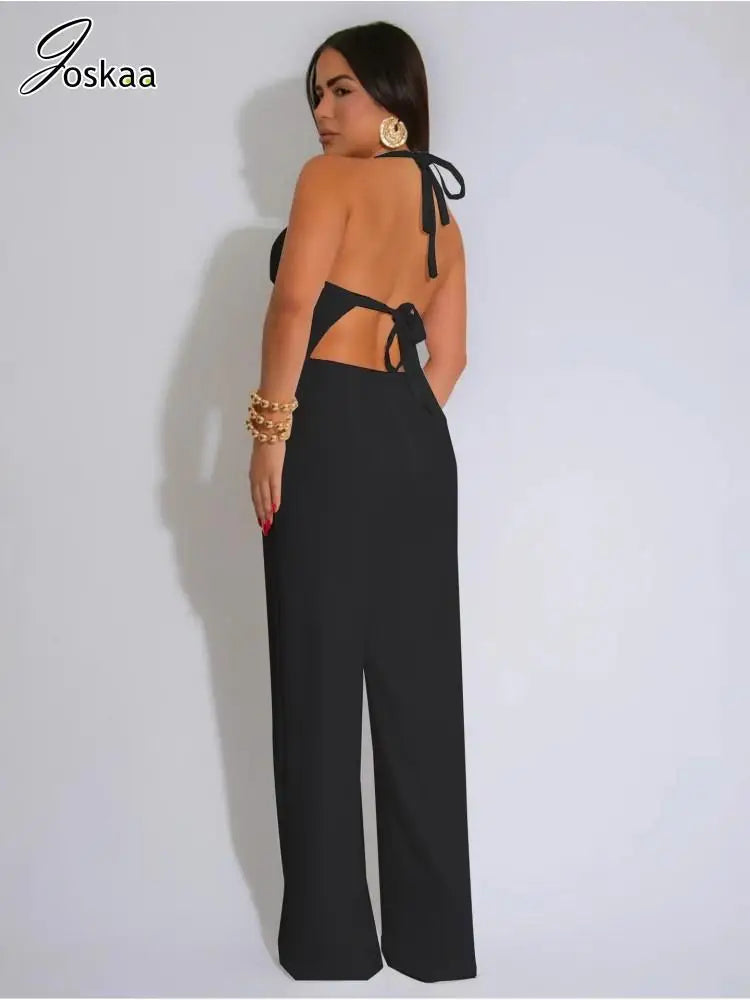 Joskaa 2025 Summer Elegant Hollow Halter Lace-Up Jumpsuits Women Hipster Sexy Backless Skinny One Piece Rompers Party Clubwear