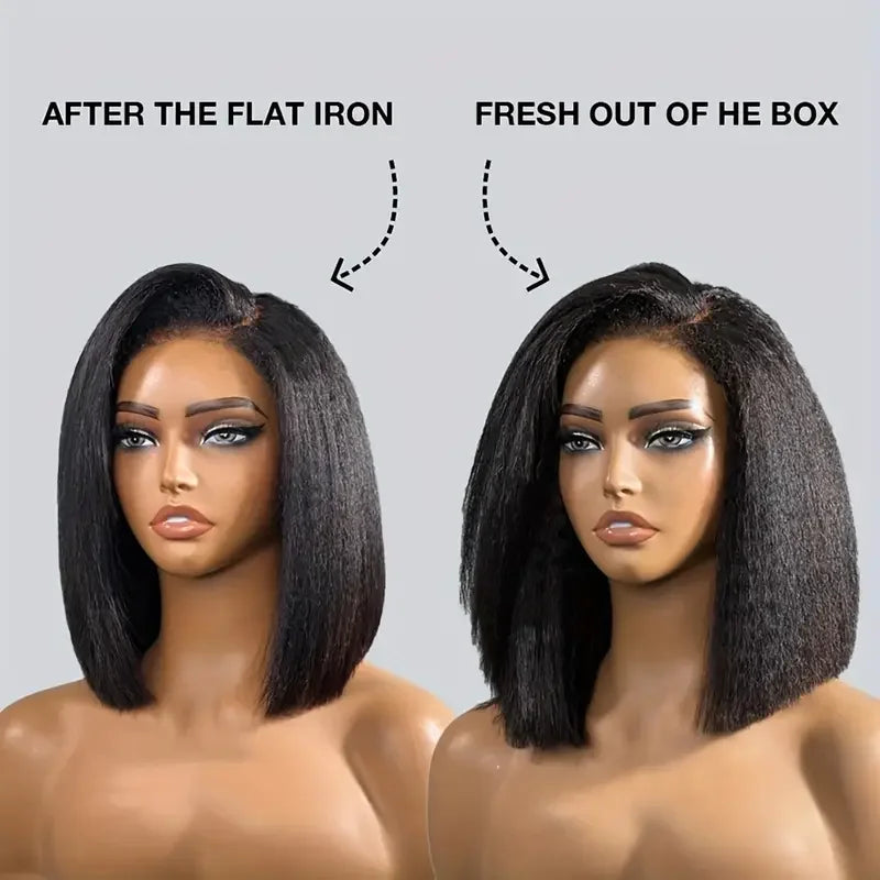 Peruvian Kinky Straight Wig Glueless Short Bob Wigs Human Hair 13X4 Yaki Straight Lace Front Wig Pre Plucked Closure Wig 180%