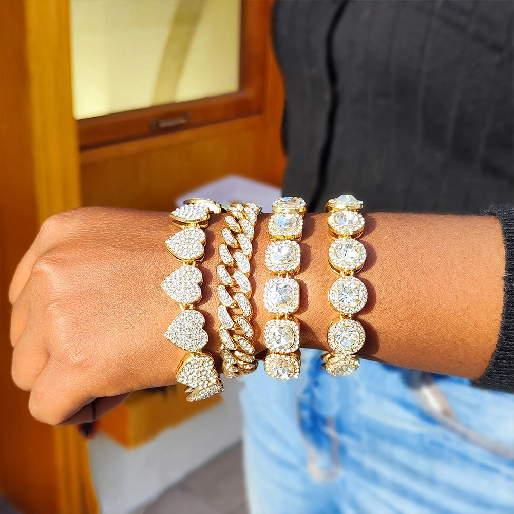 Iced Out Pink Cuban Bracelet for Women Hip Hop Gold Silver Color Crystal Heart Circle Square Bracelet 4Pcs Set Jewelry Gift