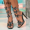 Liyke Fashion Glitter Rhinestones Women Sandals Crystal Butterfly Square Toe Wedding Party Stripper Shoes High Heels Black Blue