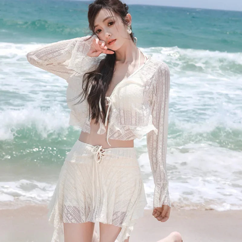 Bikini Sets Women Long Sleeve Irregular Three Pieces Lace-up Summer Sun-proof Vintage European Style Sexy Swimwear Beach Outfit